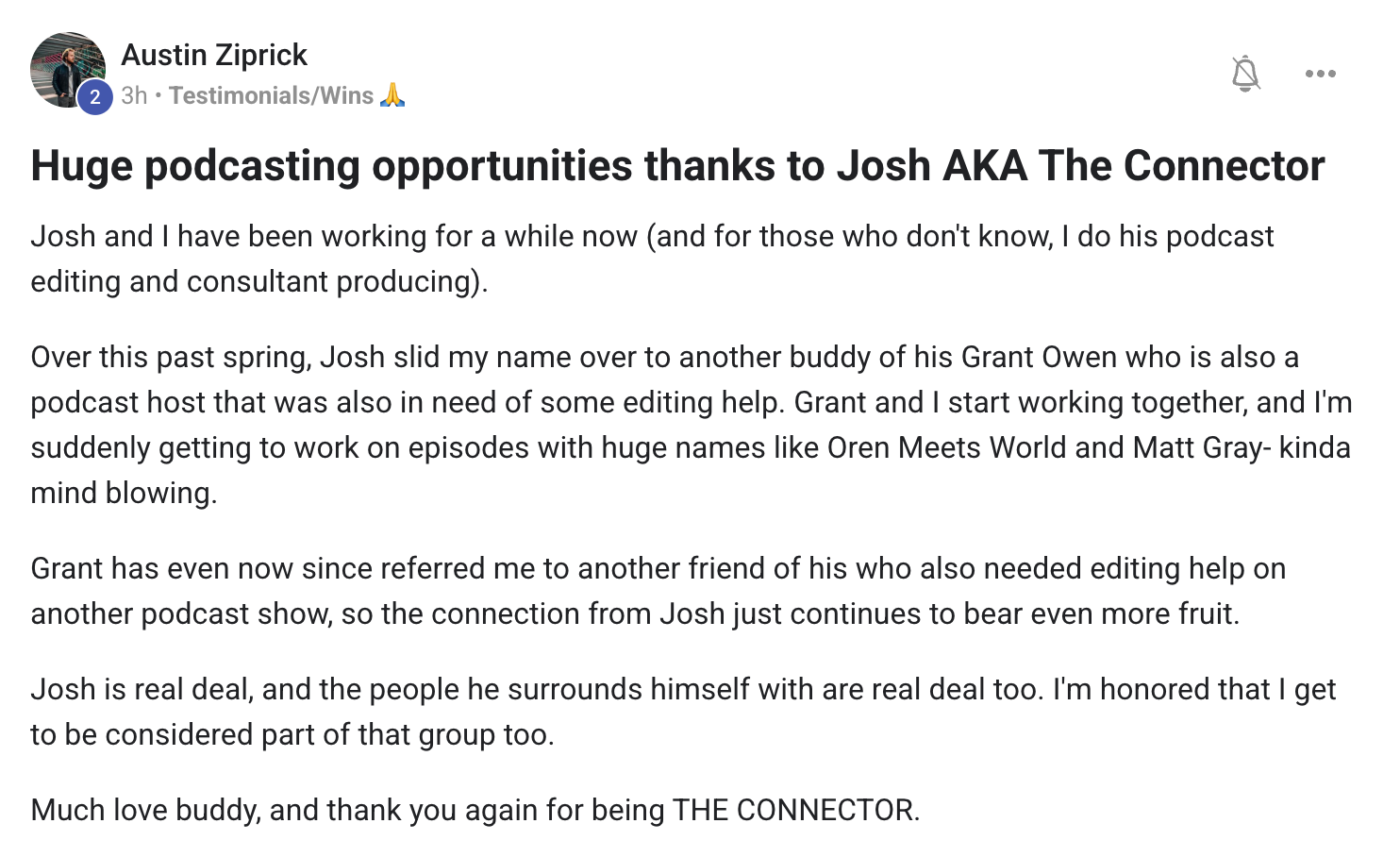 Testimonial, Austin Ziprick